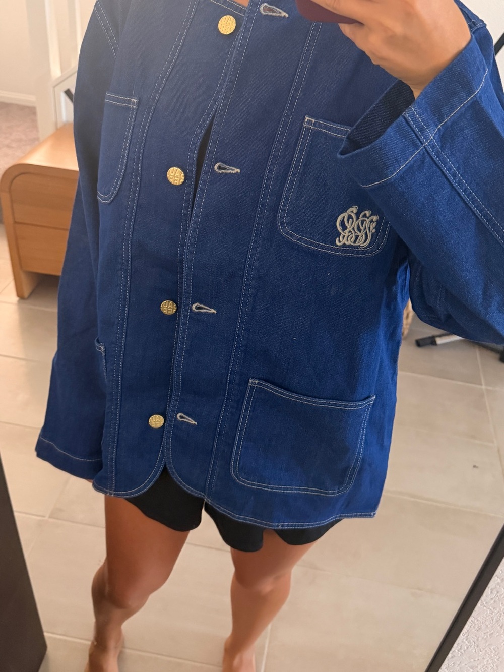 Monogram Pocket Indigo Denim Jacket with Gold Buttons
